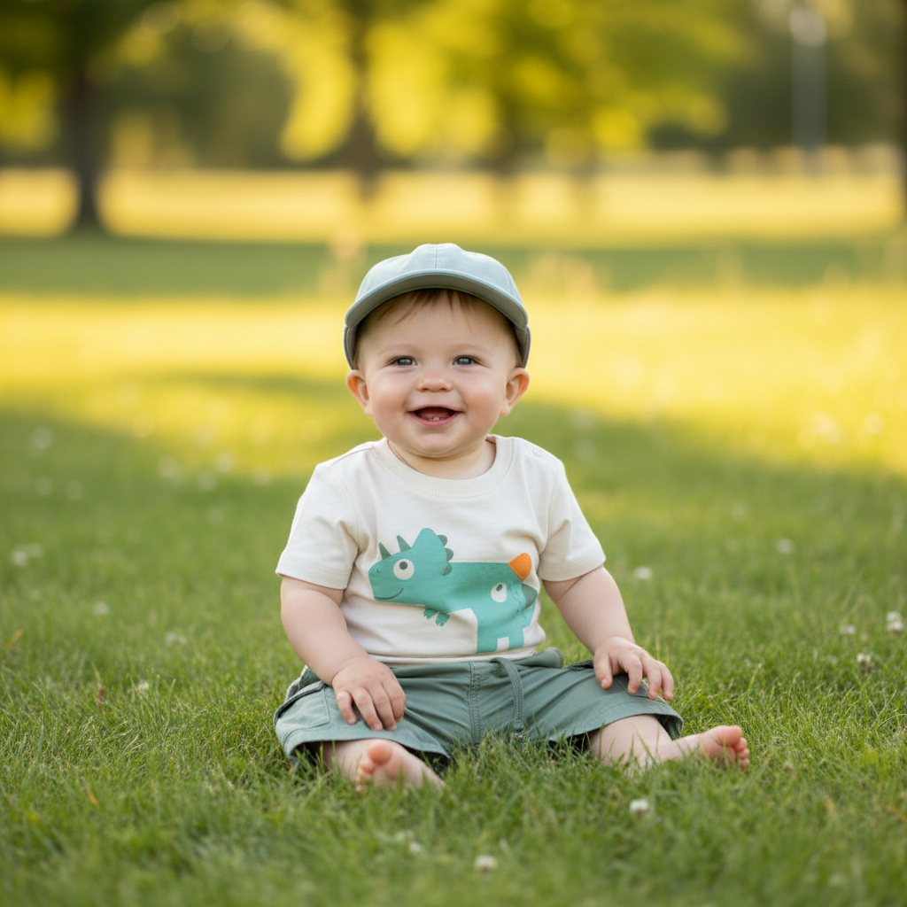 Baby Boy 3-Piece Set - Dinosaur T-Shirt & Mint Cargo Shorts with Cap