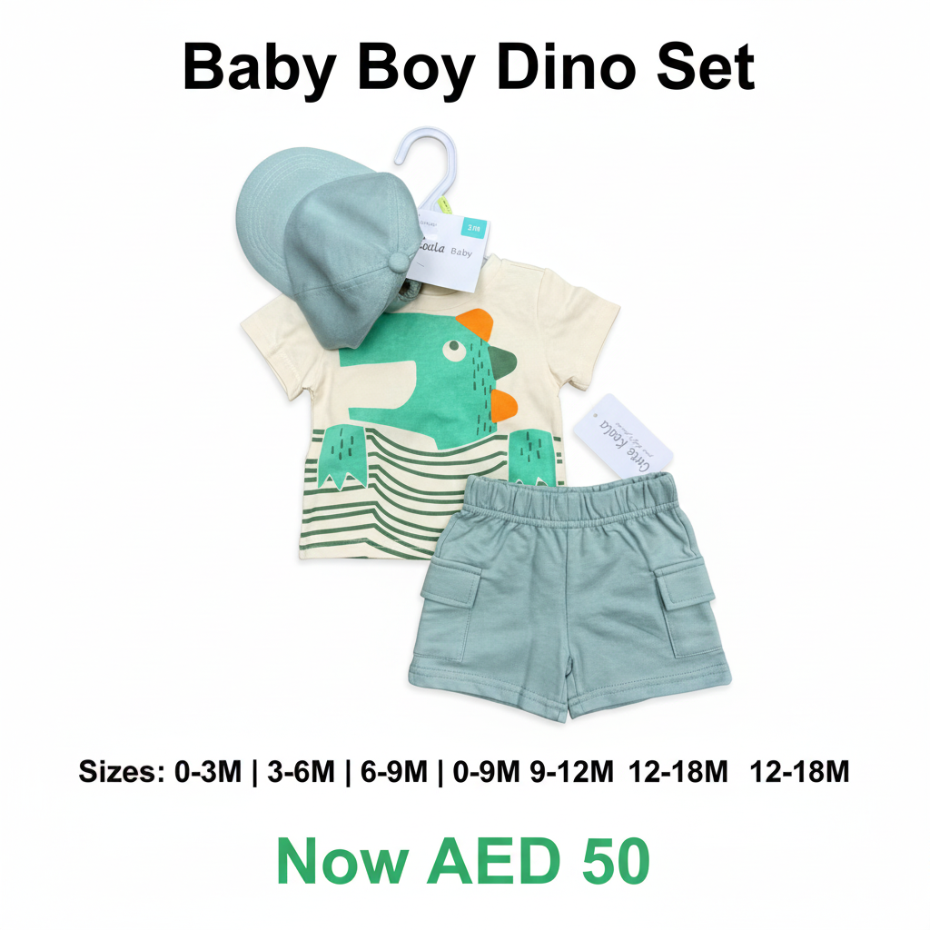Baby Boy 3-Piece Set - Dinosaur T-Shirt & Mint Cargo Shorts with Cap