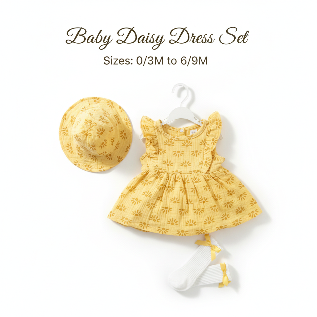 Baby Daisy Dress Set with Hat & Socks - Yellow