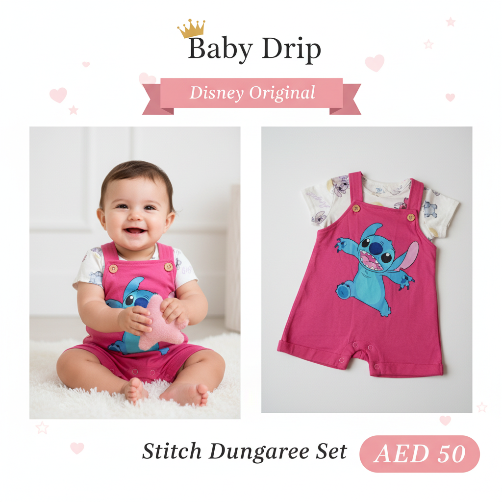 Stitch Pink Baby Dungaree Set – Disney Original