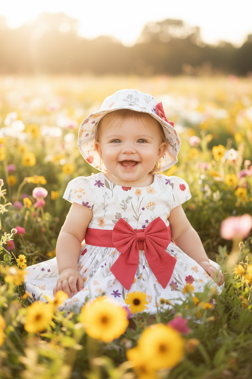Baby Floral Dress with Hat - White