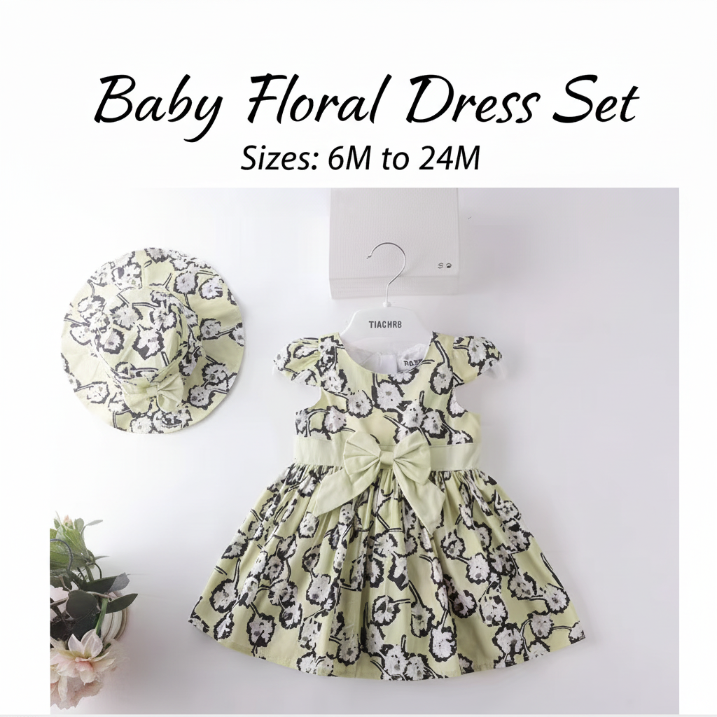 Baby Floral Dress with Hat – Yellow Green