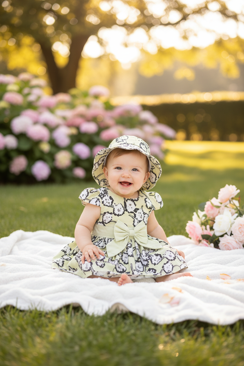 Baby Floral Dress with Hat – Yellow Green
