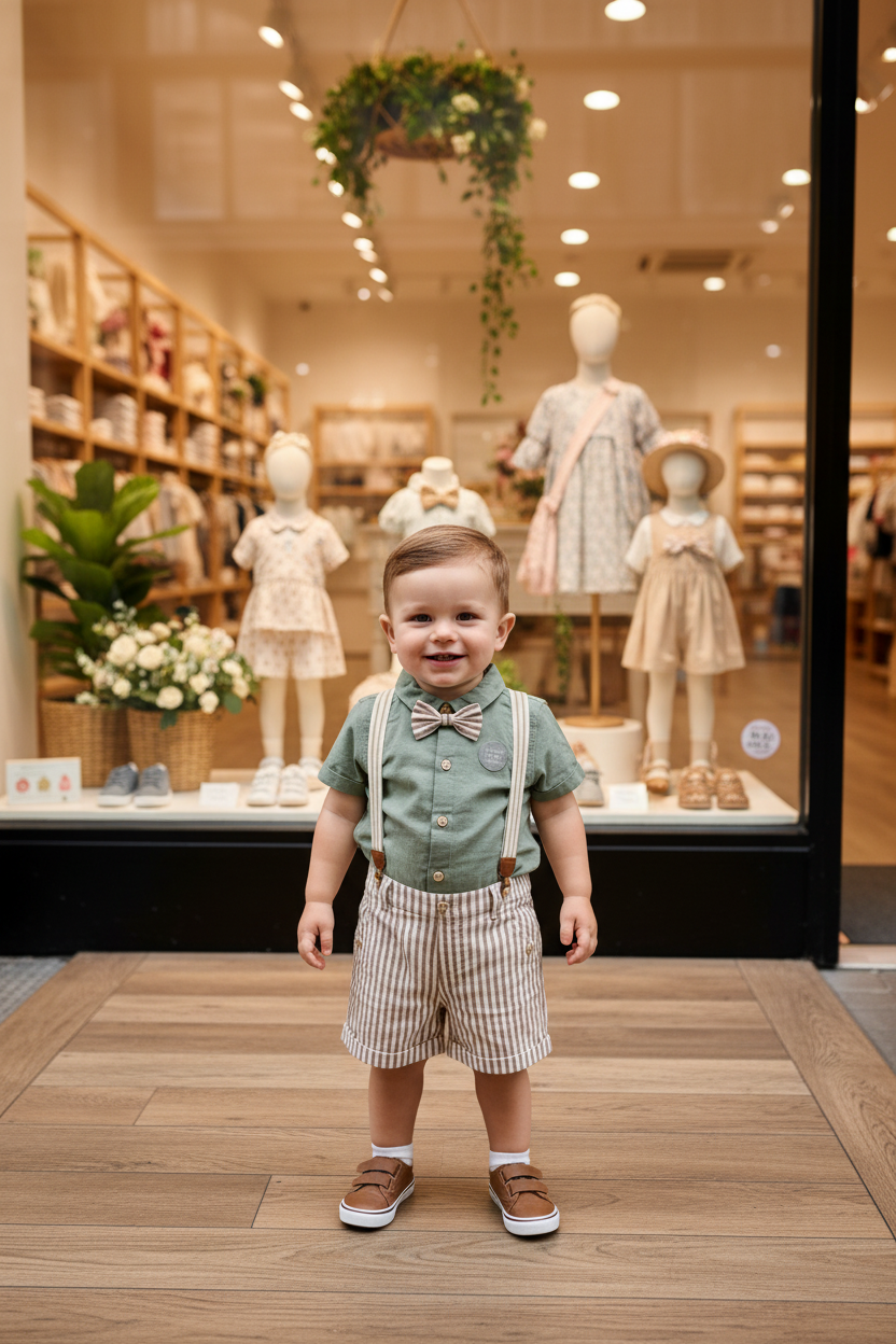 Baby Boys George Sage Green Shirt, Striped Shorts, Suspenders & Bow Tie Set