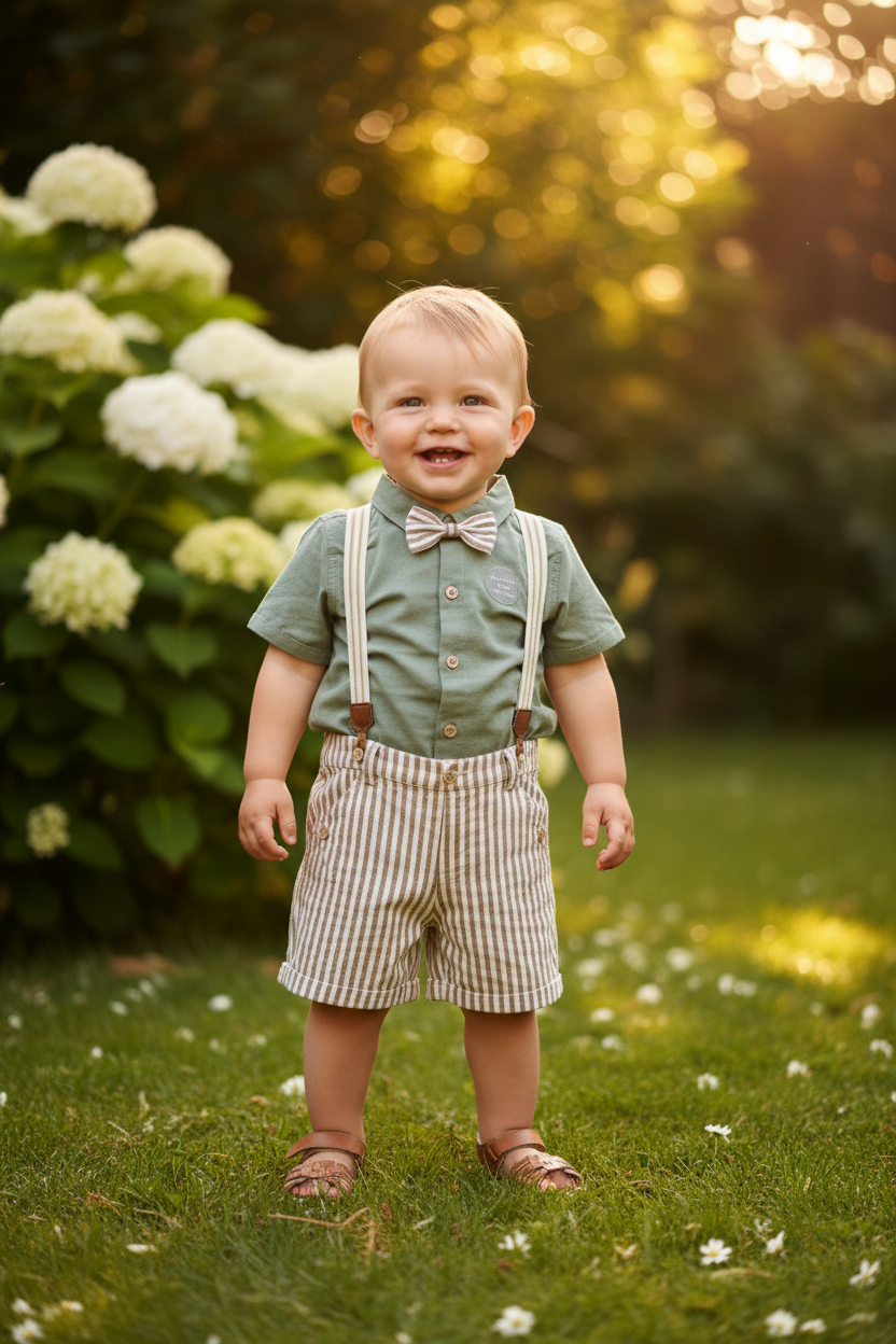 Baby Boys George Sage Green Shirt, Striped Shorts, Suspenders & Bow Tie Set