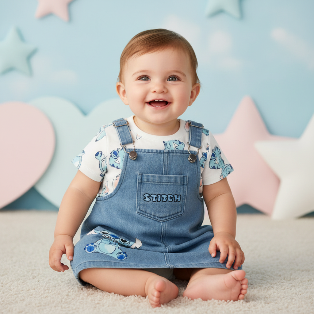 Baby Girl Stitch Denim Dungaree & T-Shirt Set