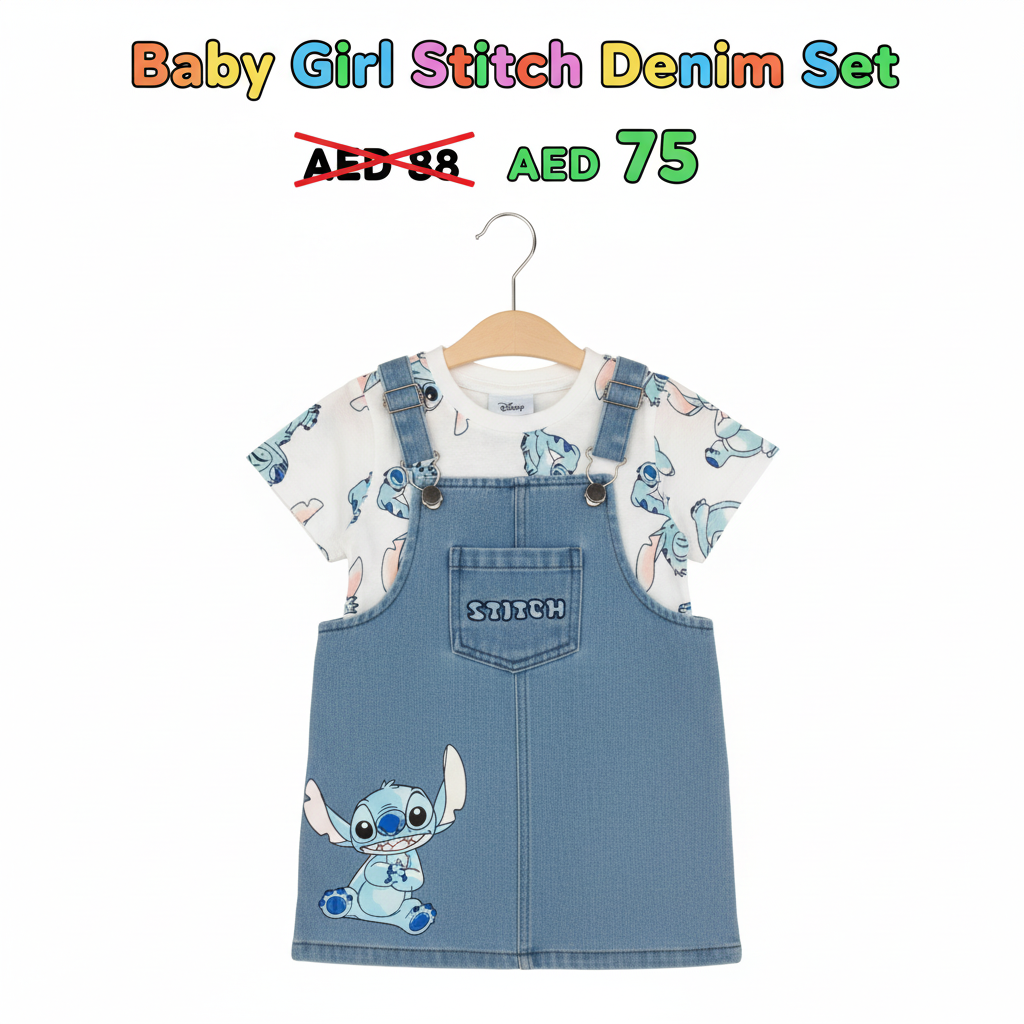 Baby Girl Stitch Denim Dungaree & T-Shirt Set