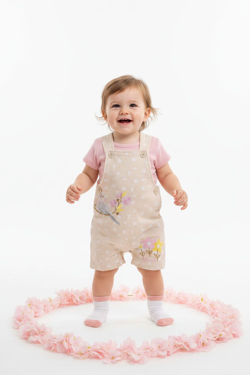 Baby Girls Bird & Floral Dungaree, T-Shirt & Socks Set