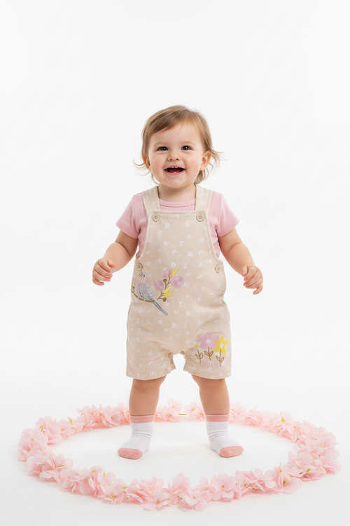 Baby Girls Bird & Floral Dungaree, T-Shirt & Socks Set