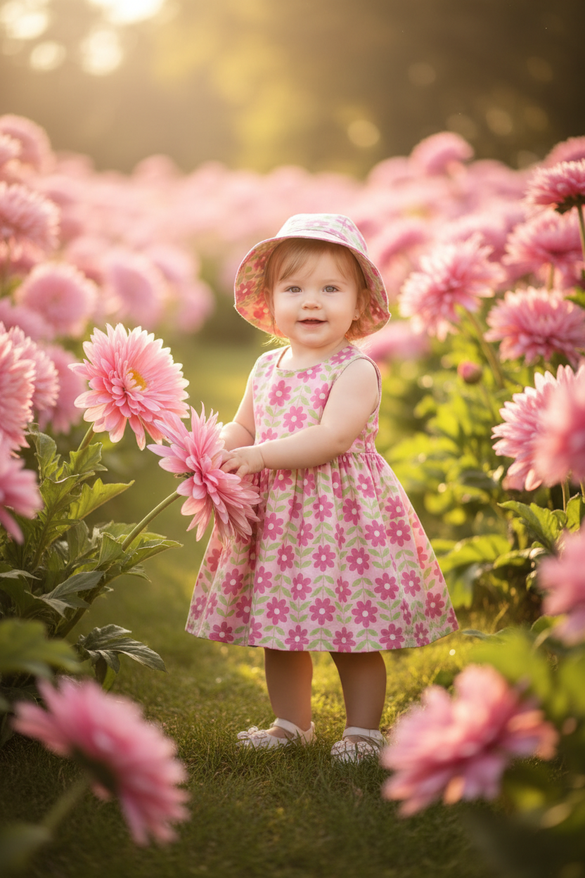 Baby Girls Floral Dress & Bonnet Set – Pink & Green
