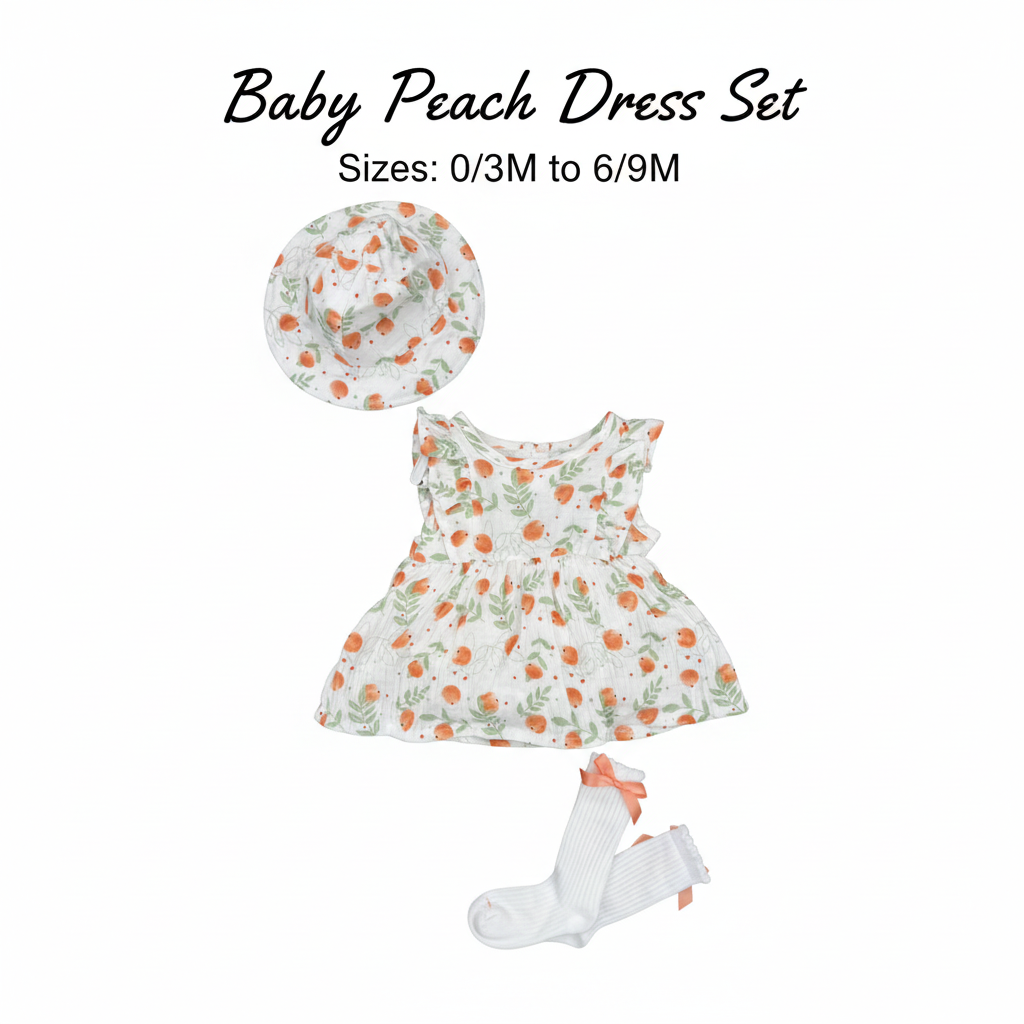Baby Peach Dress Set with Hat & Socks