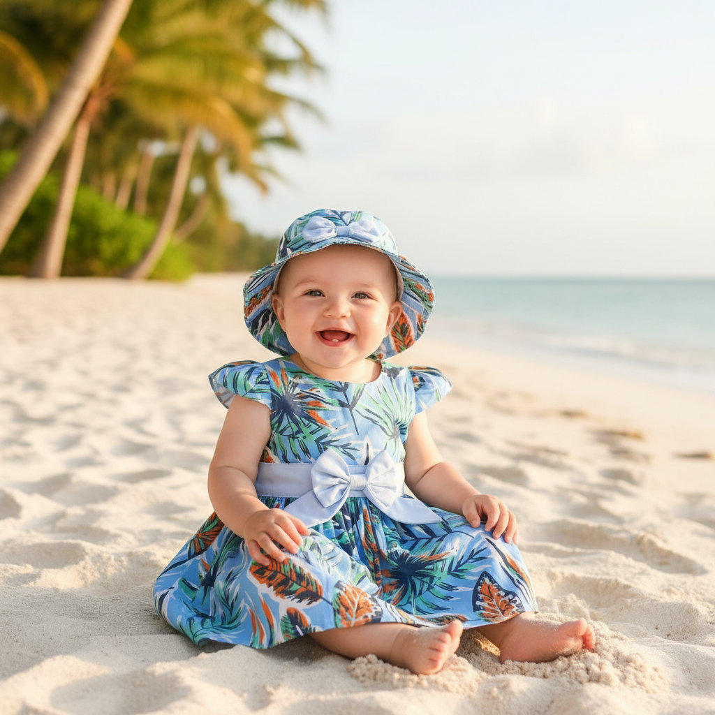 Baby Tropical Leaf Dress with Hat - Blue