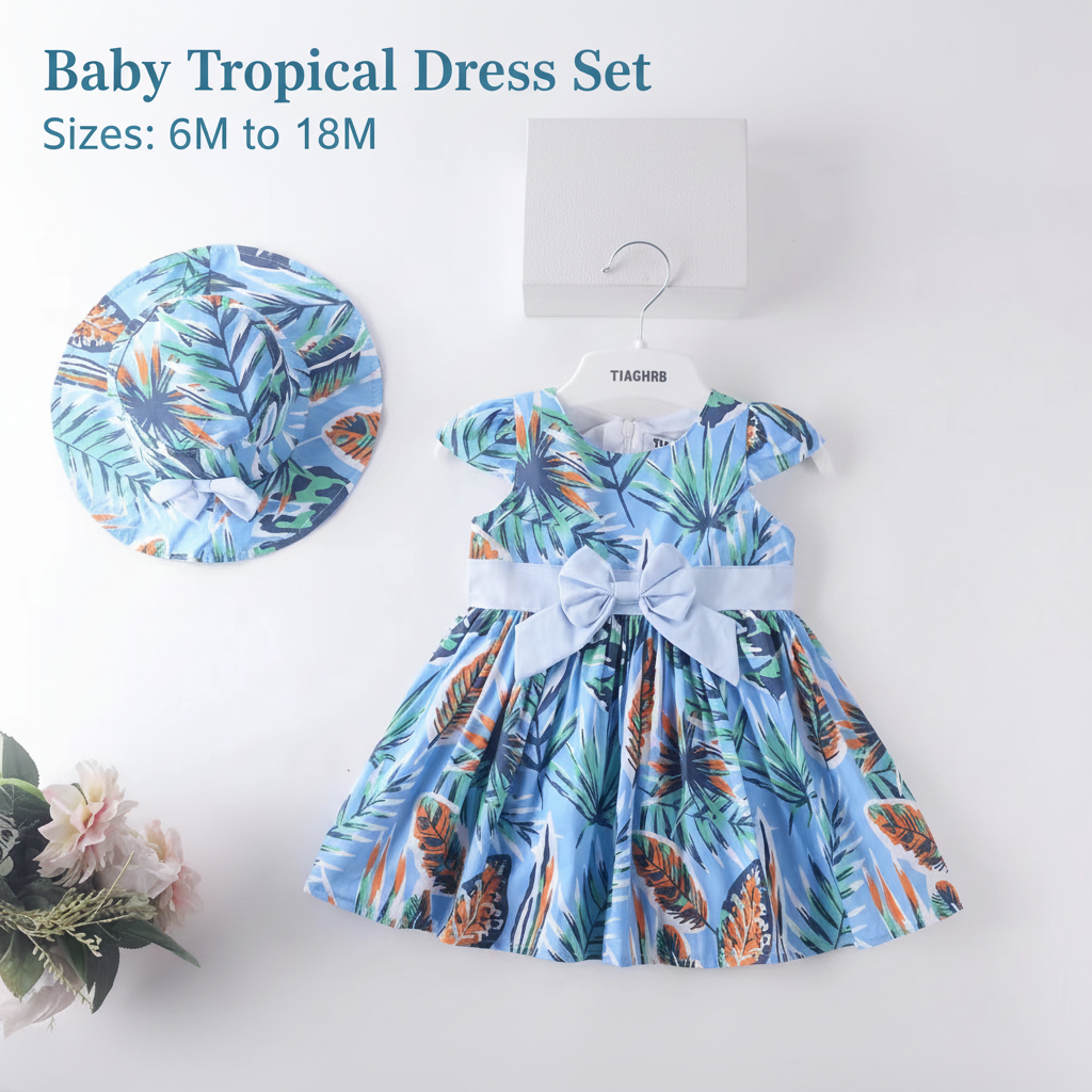Baby Tropical Leaf Dress with Hat - Blue