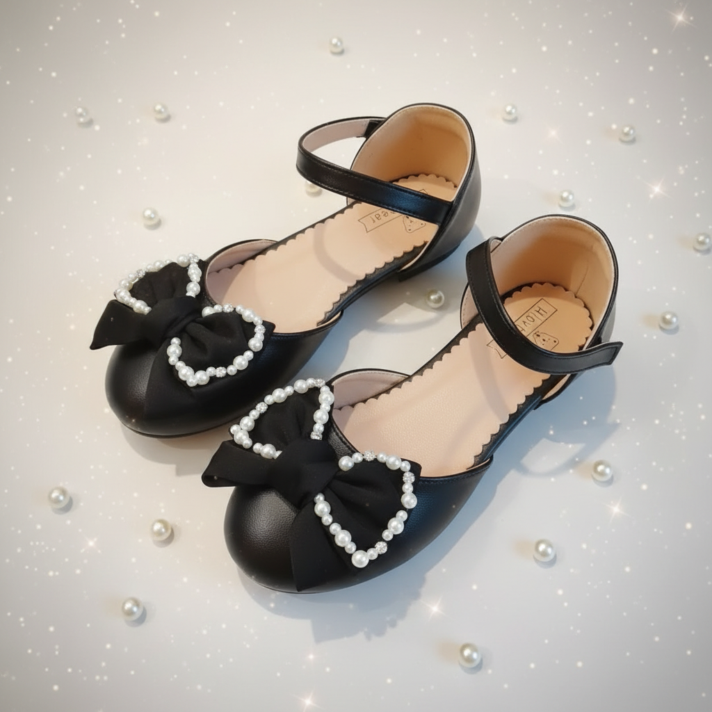 Black Pearl & Crystal Bow Mary Jane Shoes for Girls by Aioybear