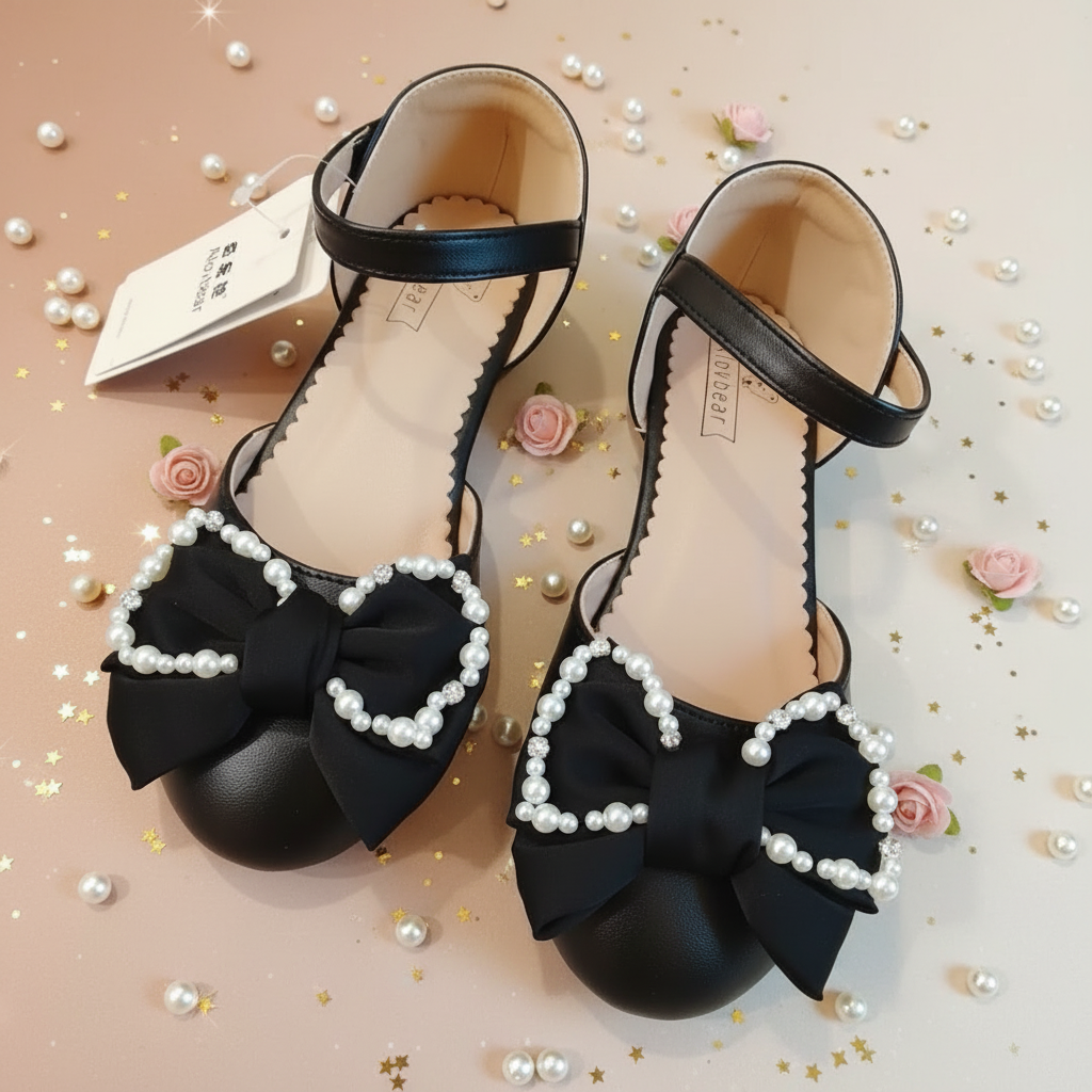 Black Pearl & Crystal Bow Mary Jane Shoes for Girls by Aioybear
