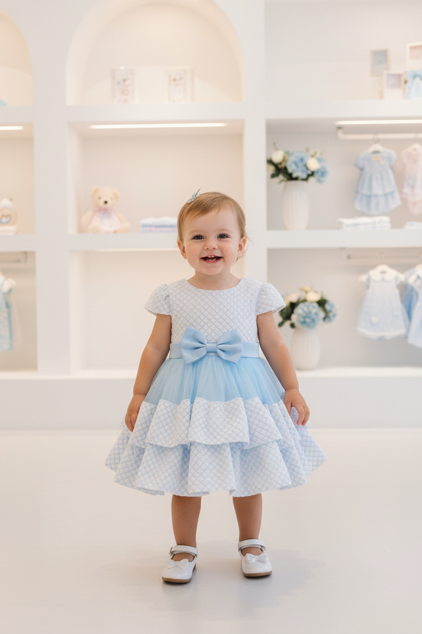 Baby Girls Sky Blue & White Lace Layered Tulle Party Dress with Bow