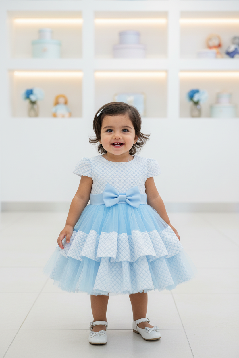 Baby Girls Sky Blue & White Lace Layered Tulle Party Dress with Bow