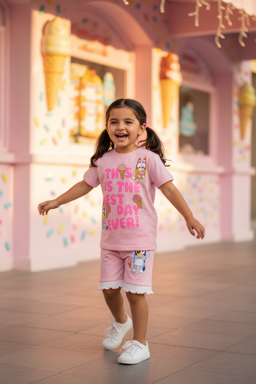Girls Bluey & Bingo "This Is The Best Day Ever" T-Shirt & Pink Shorts Set by Next