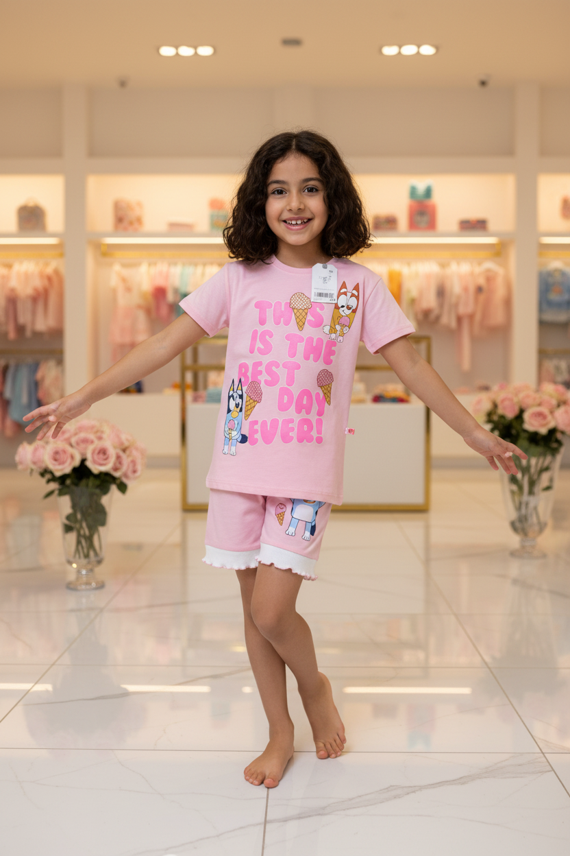 Girls Bluey & Bingo "This Is The Best Day Ever" T-Shirt & Pink Shorts Set by Next