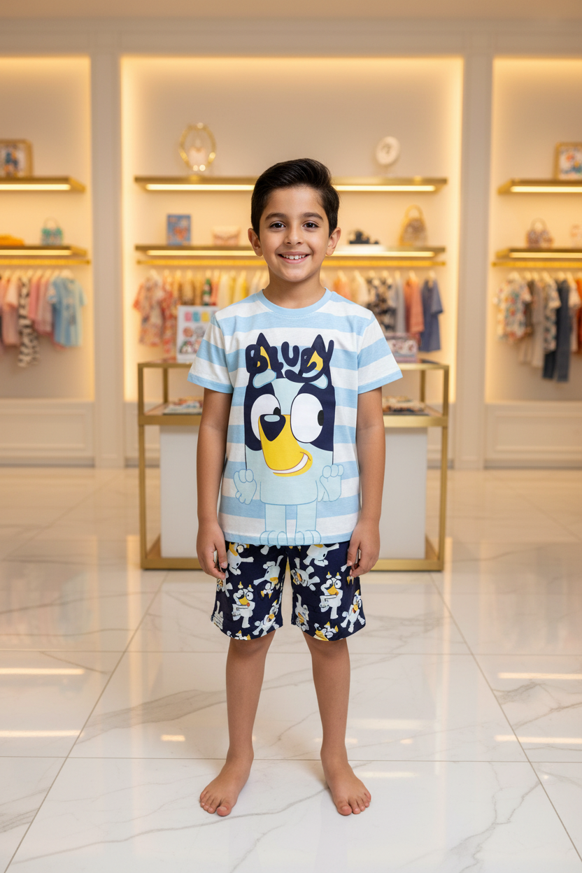 Boys Bluey Striped Graphic T-Shirt & Navy All-Over Print Shorts Set by Next