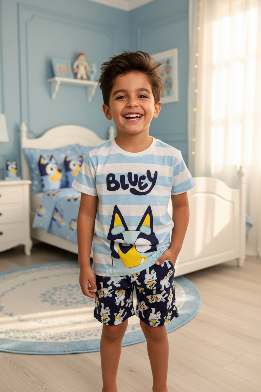 Boys Bluey Striped Graphic T-Shirt & Navy All-Over Print Shorts Set by Next