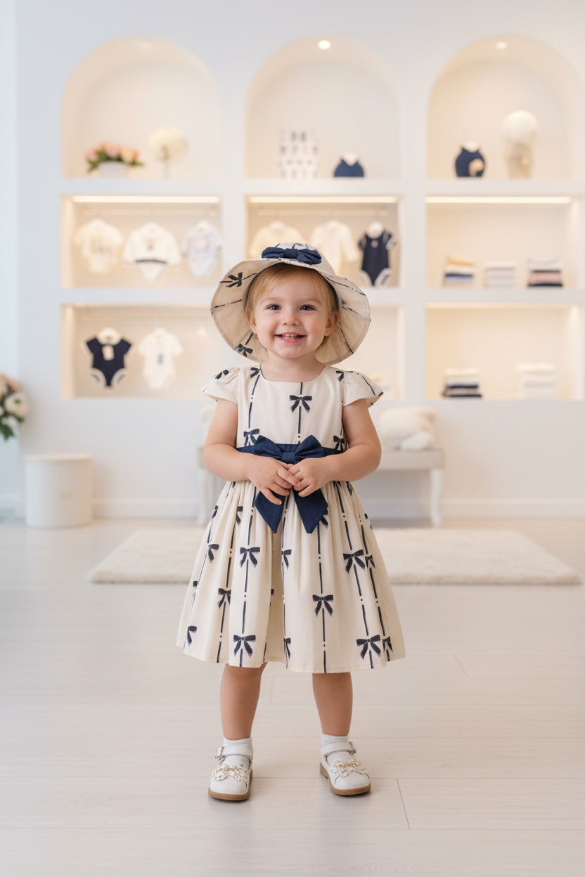 Bow Print Baby Dress with Matching Hat – Cream & Navy