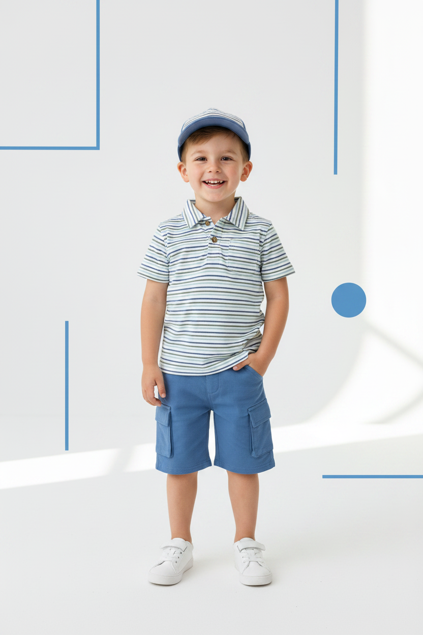 Boys Mimi Threads Striped Polo Shirt, Blue Cargo Shorts & Cap Set