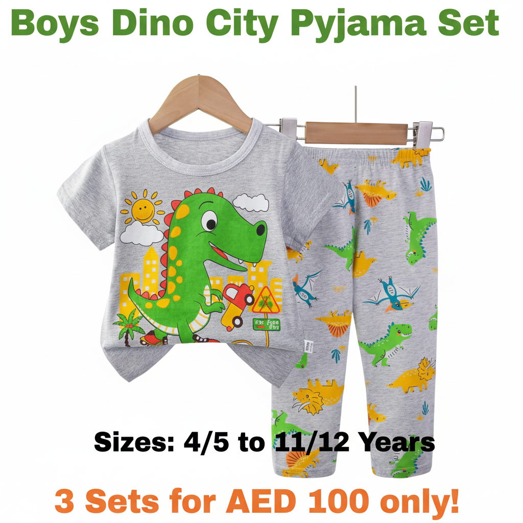 Boys Dinosaur City Pyjama Set - Grey T-Shirt & Long Pants (Buy 3 for AED 100)
