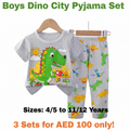 Boys Dinosaur City Pyjama Set - Grey T-Shirt & Long Pants (Buy 3 for AED 100)