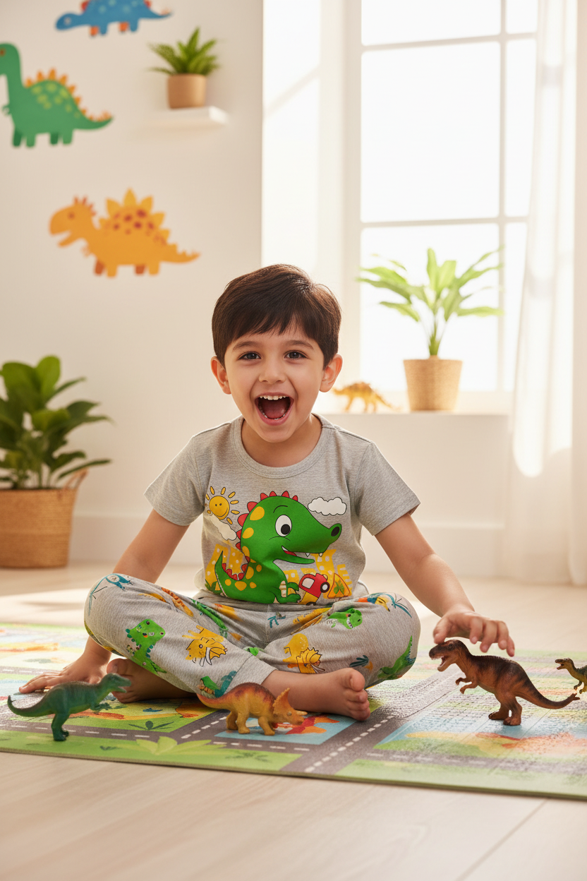 Boys Dinosaur City Pyjama Set - Grey T-Shirt & Long Pants (Buy 3 for AED 100)