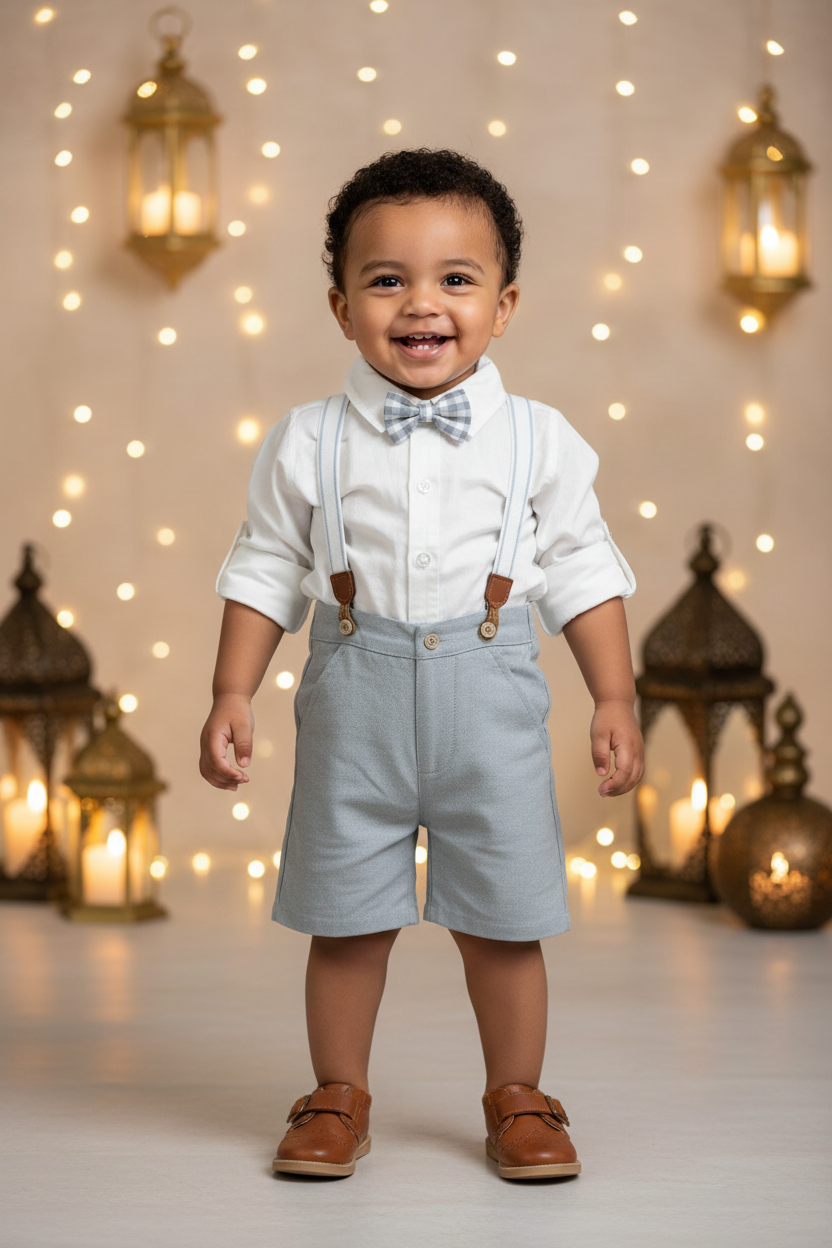 Boys George Shirt, Shorts, Suspenders & Bow Tie Set – Grey
