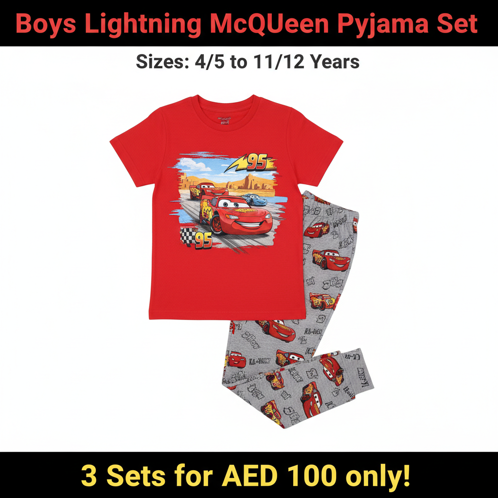 Boys Lightning McQueen Cars Pyjama Set - Red T-Shirt & Grey Long Pants (Buy 3 for AED 100)