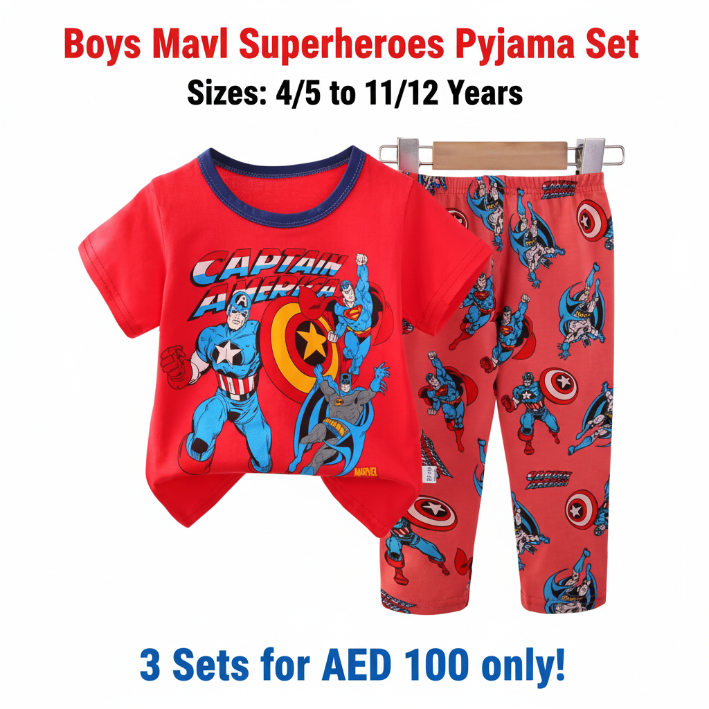 Boys Marvel Superheroes Pyjama Set - Red T-Shirt & Long Pants (Buy 3 for AED 100)