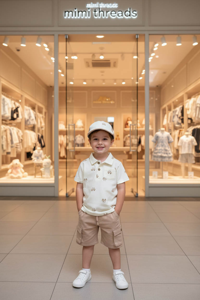 Boys Mimi Threads Bear Polo Shirt, Cargo Shorts & Cap Set