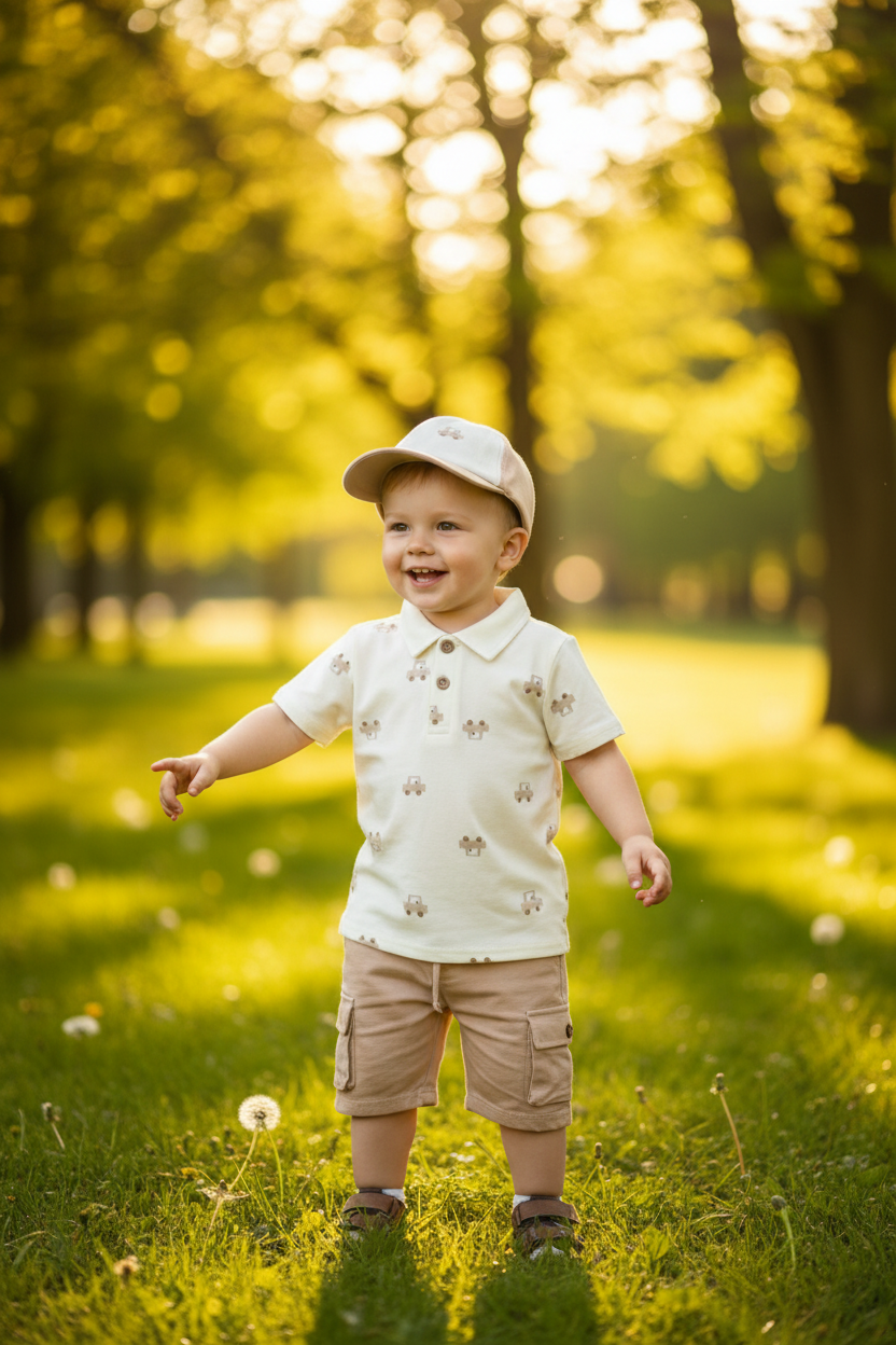 Boys Mimi Threads Bear Polo Shirt, Cargo Shorts & Cap Set
