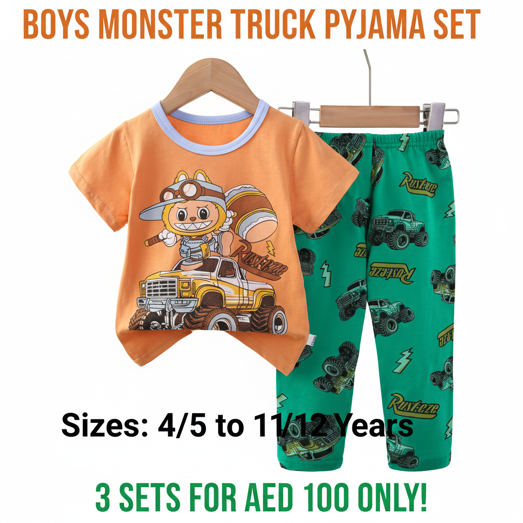 Boys Rusteze Monster Truck Pyjama Set - Orange T-Shirt & Green Long Pants (Buy 3 for AED 100)
