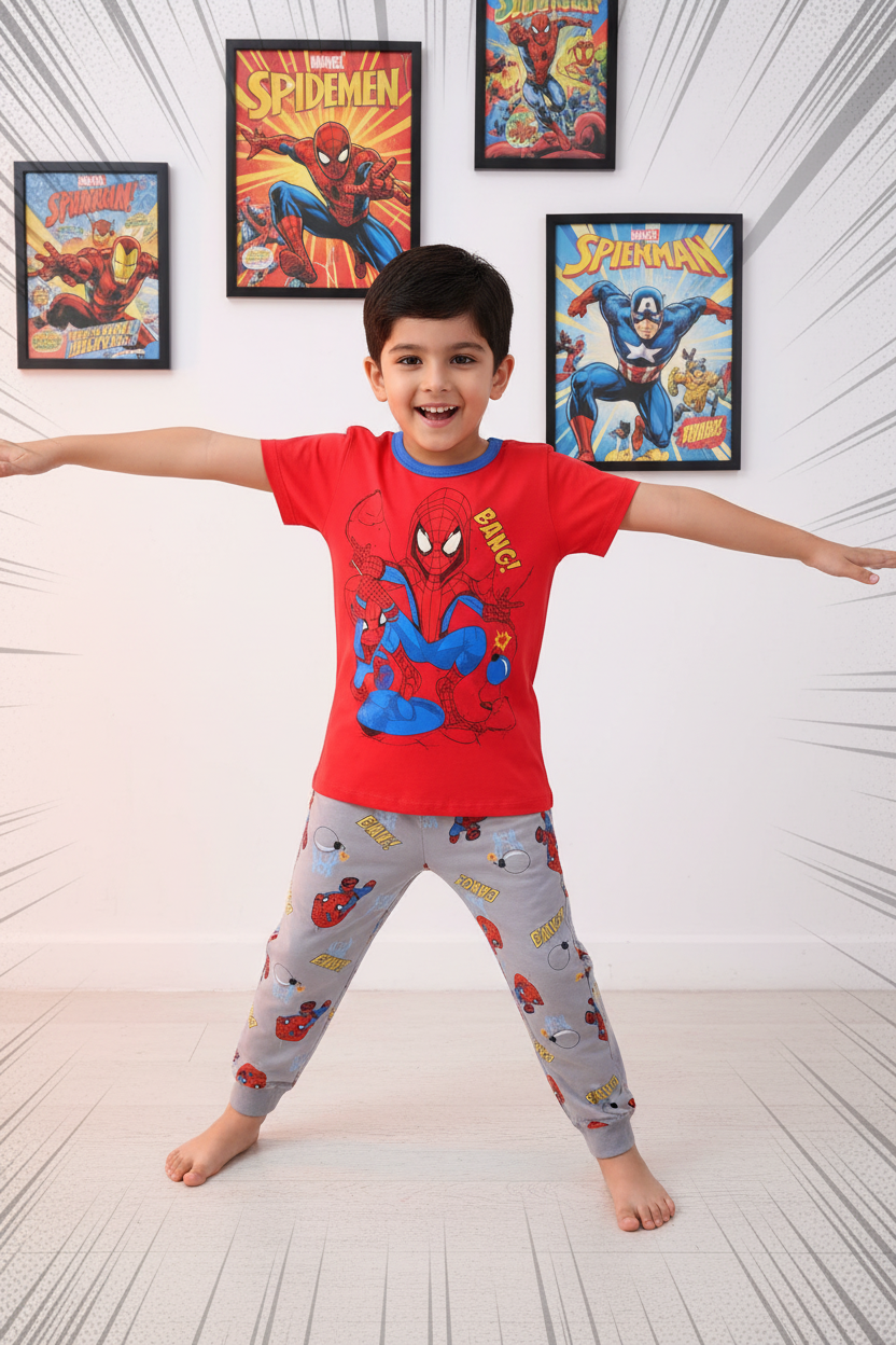 Boys Spiderman Bang Pyjama Set - Red T-Shirt & Grey Long Pants (Buy 3 for AED 100)