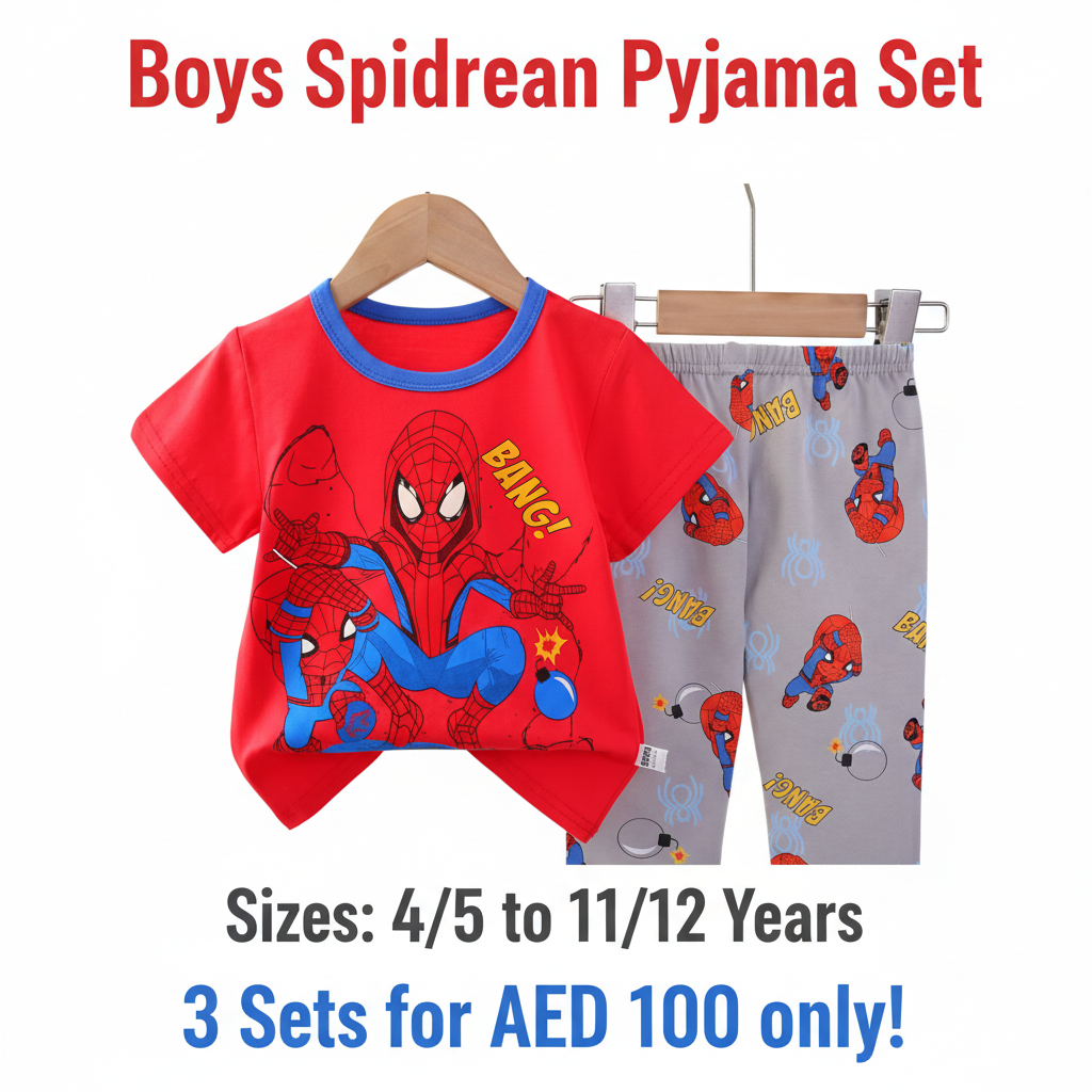 Boys Spiderman Bang Pyjama Set - Red T-Shirt & Grey Long Pants (Buy 3 for AED 100)