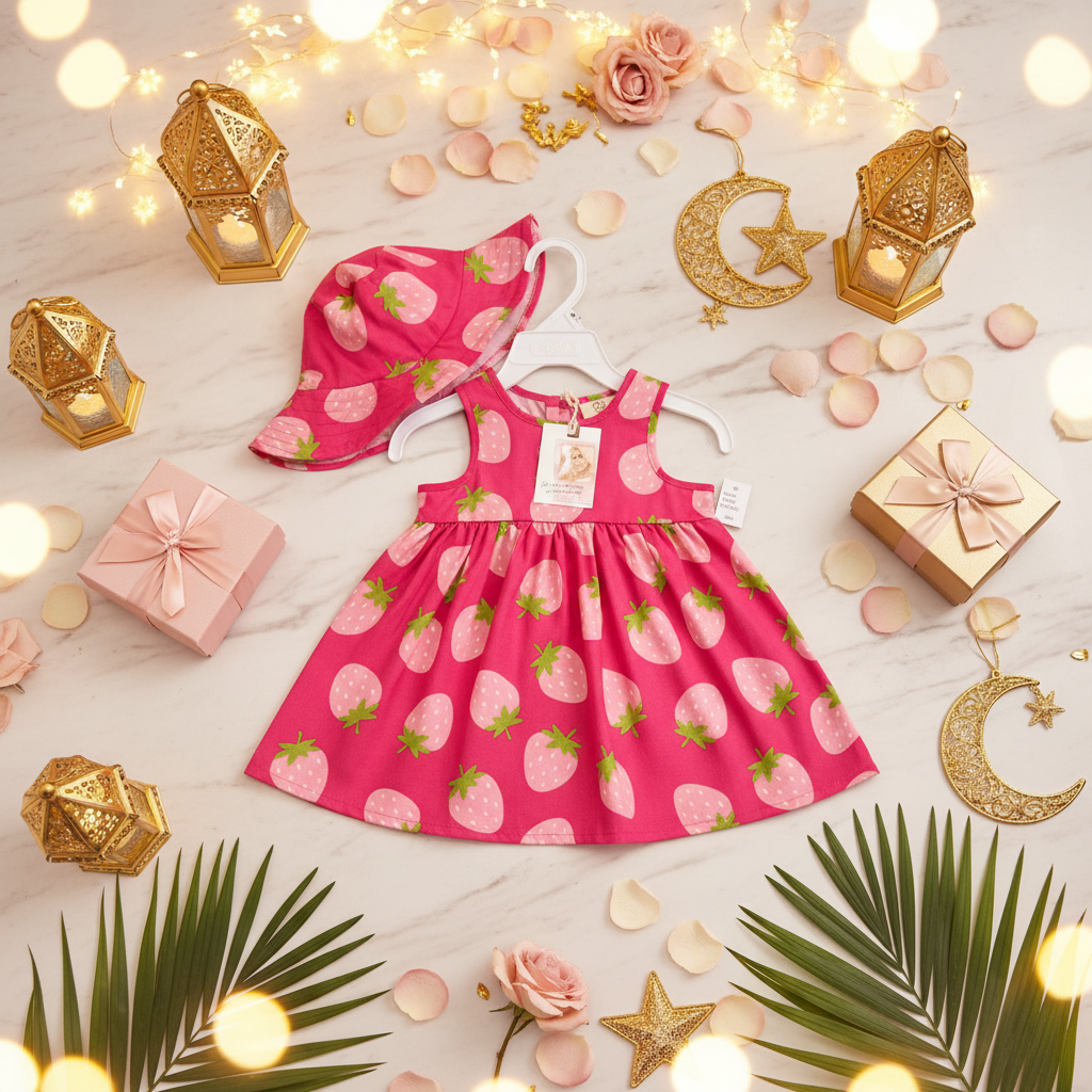 Girls Strawberry Print Dress & Bonnet Set