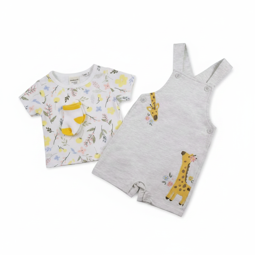 Baby 3-Piece Giraffe Dungaree, Floral T-Shirt & Socks Set