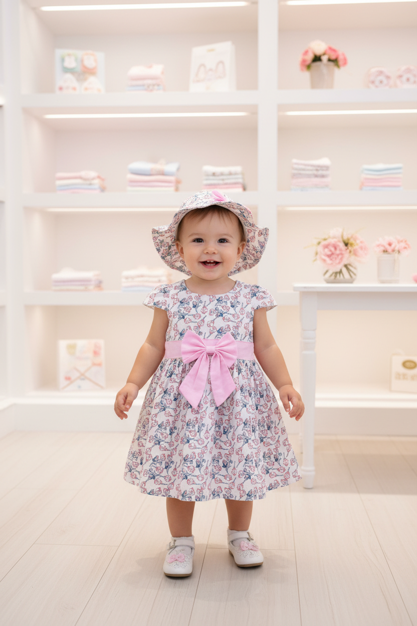Floral Print Baby Dress with Matching Hat – Pink Bow Detail