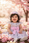 Floral Print Baby Dress with Matching Hat – Pink Bow Detail