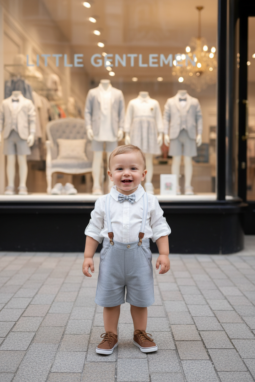Boys George Shirt, Shorts, Suspenders & Bow Tie Set – Grey