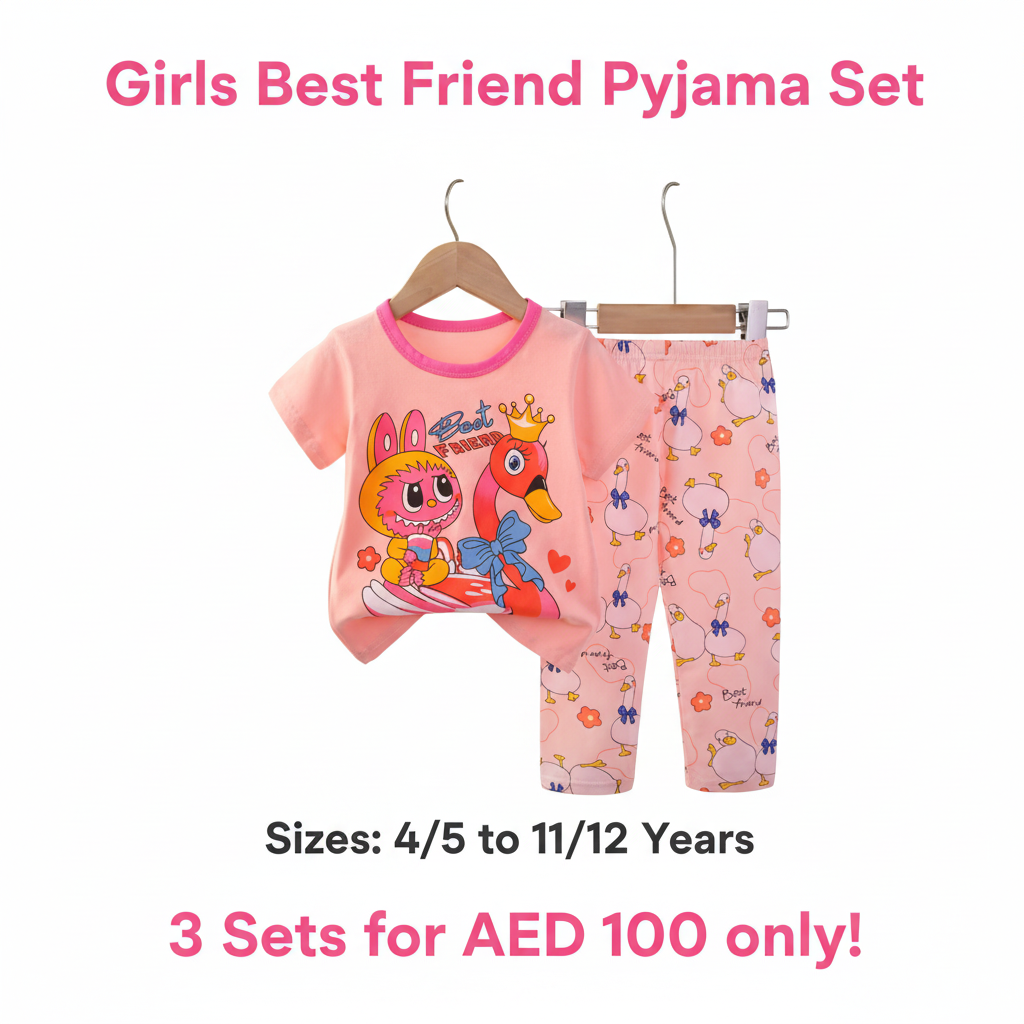 Girls Best Friend Pyjama Set - Pink T-Shirt & Duck Print Long Pants (Buy 3 for AED 100)