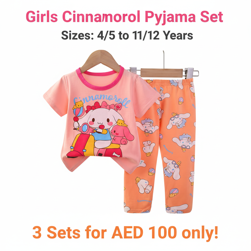 Girls Cinnamoroll Scooter Pyjama Set - Pink T-Shirt & Orange Long Pants (Buy 3 for AED 100)