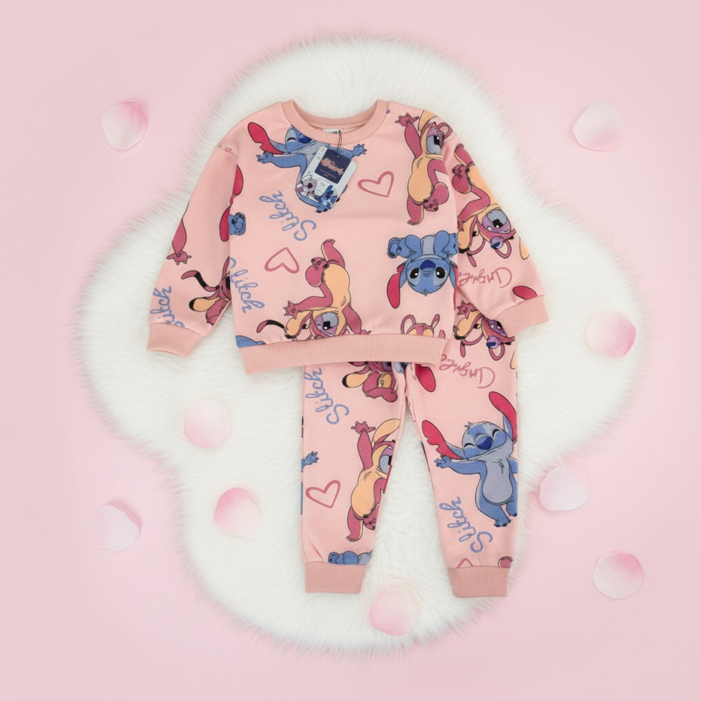Girls Disney Stitch & Angel Pink Sweatsuit Set
