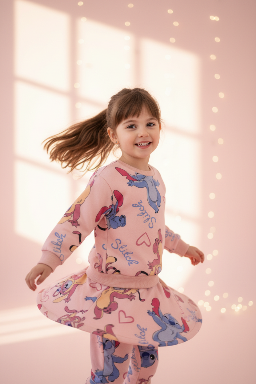 Girls Disney Stitch & Angel Pink Sweatsuit Set