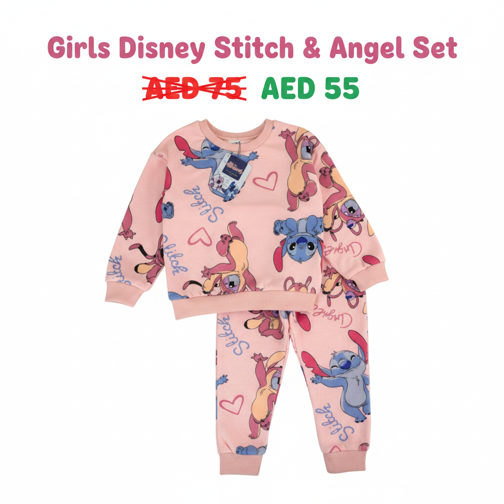 Girls Disney Stitch & Angel Pink Sweatsuit Set