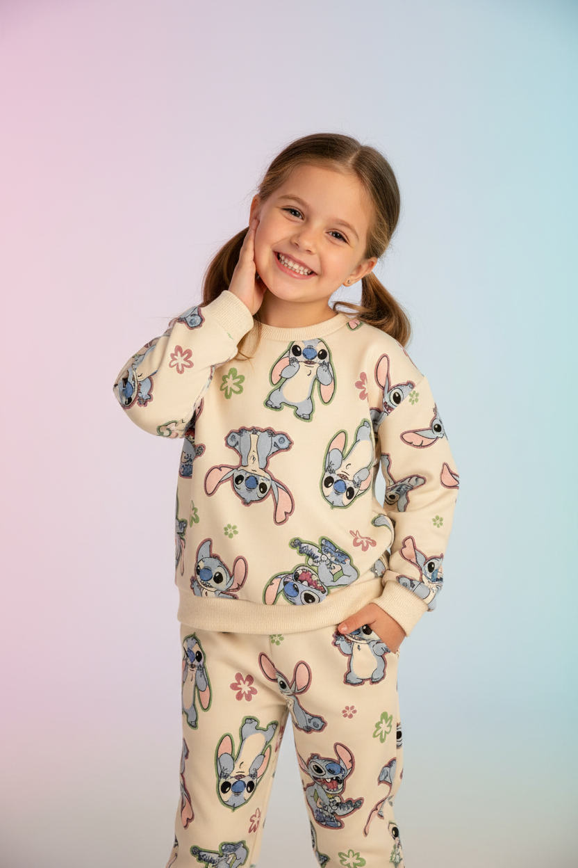 Girls Disney Stitch Cream Sweatsuit Set