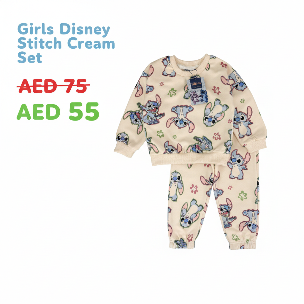 Girls Disney Stitch Cream Sweatsuit Set
